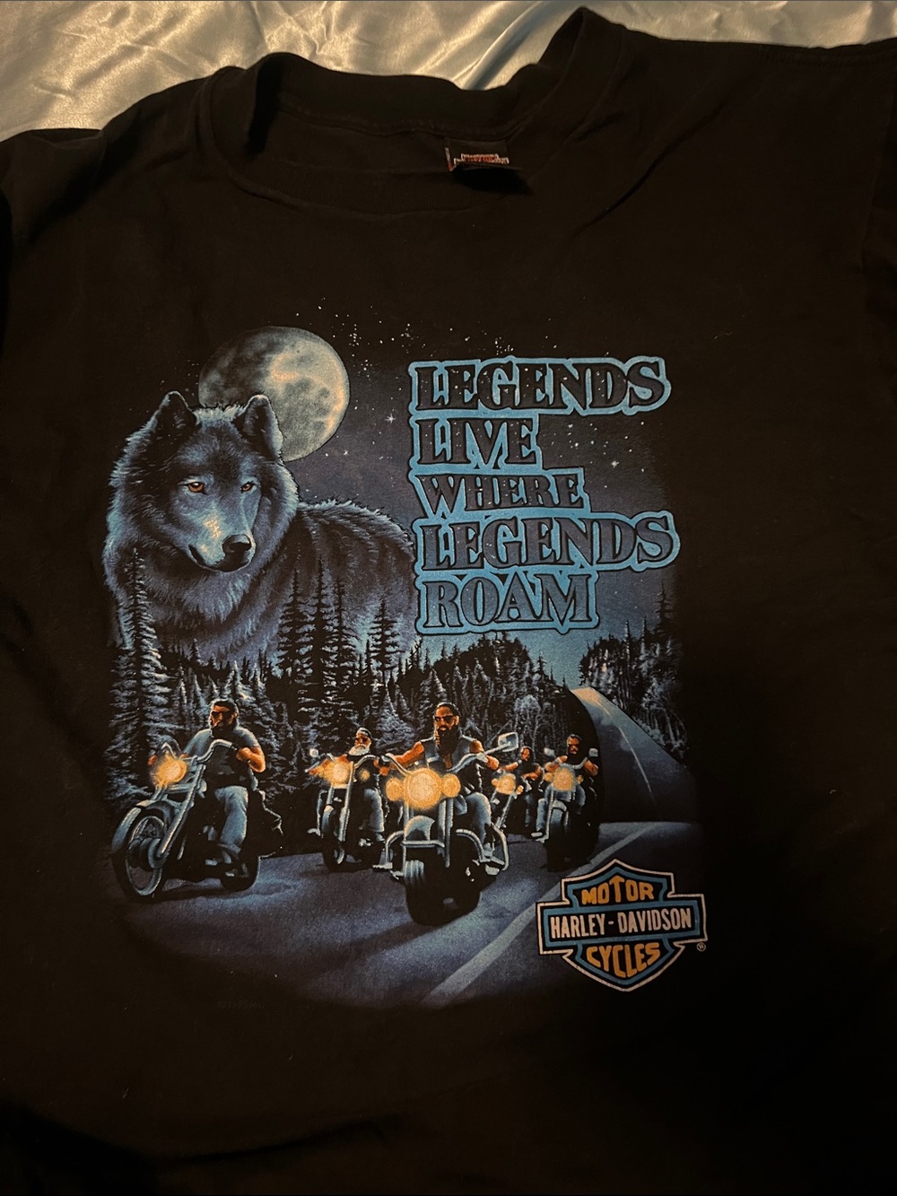 Harley-Davidson Black Tee with Blue Wolf and Motorcycle Graphic